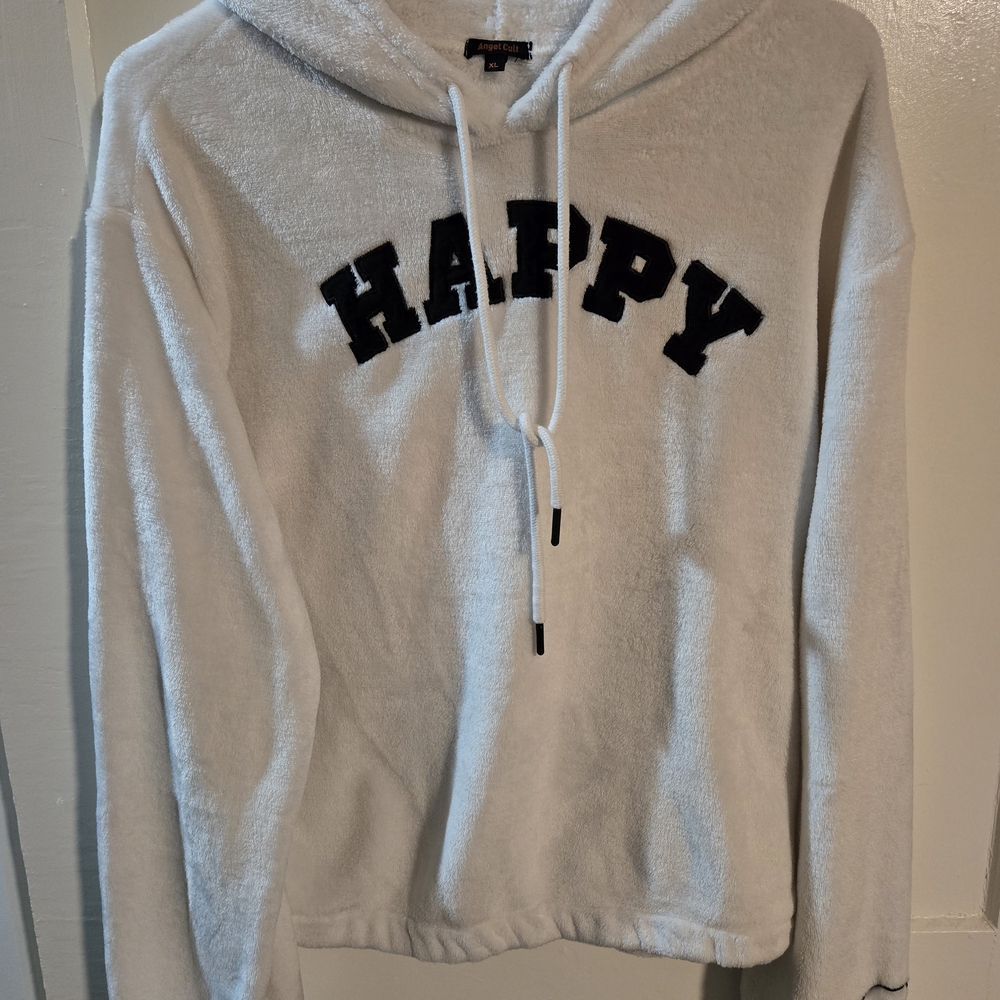Angel Cult Happy White Fuzzy Fleece Pullover Hoodie, Size XL, Graphic Sweatshirt